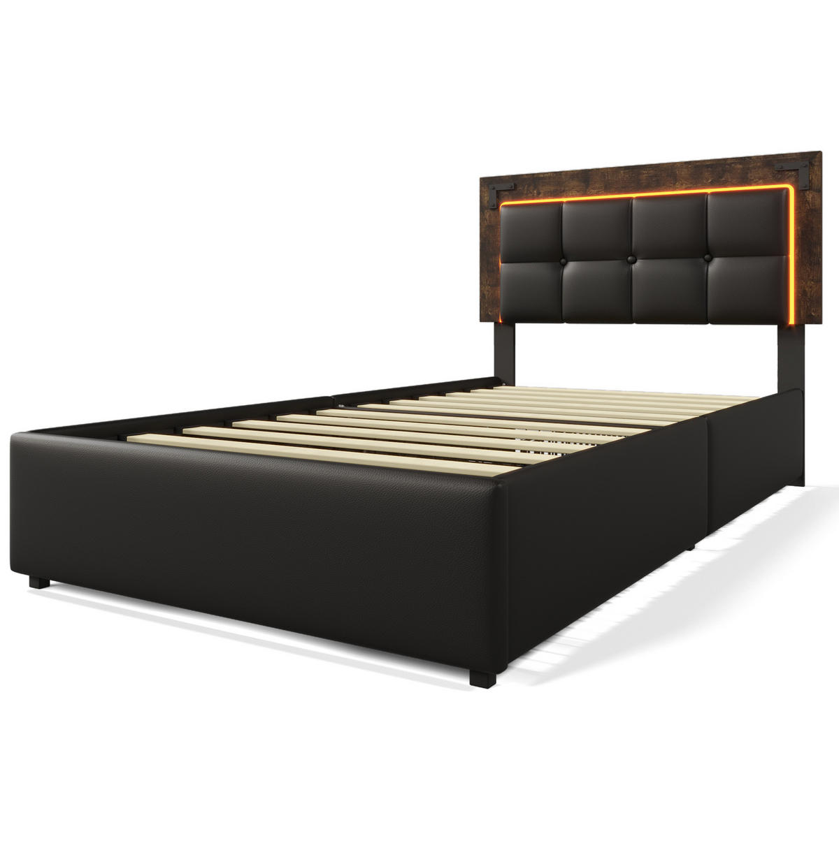 POLSTERBETT 90/200 cm mit LED-Beleuchtung, 4 Schubladen, verstellbarem Kopfteil und PU-Kunstleder, und Matratze,Schwarz - Schwarz, Kunststoff (90/200cm) - Redom