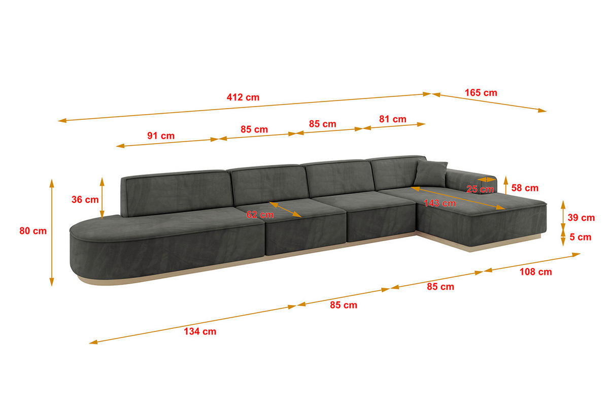 ECKSOFA Ottomane Rechts IREA-L3 - 412x165x80 cm Ecru - Anthrazit, Holzwerkstoff/Textil (412/165cm) - ALTDECOR