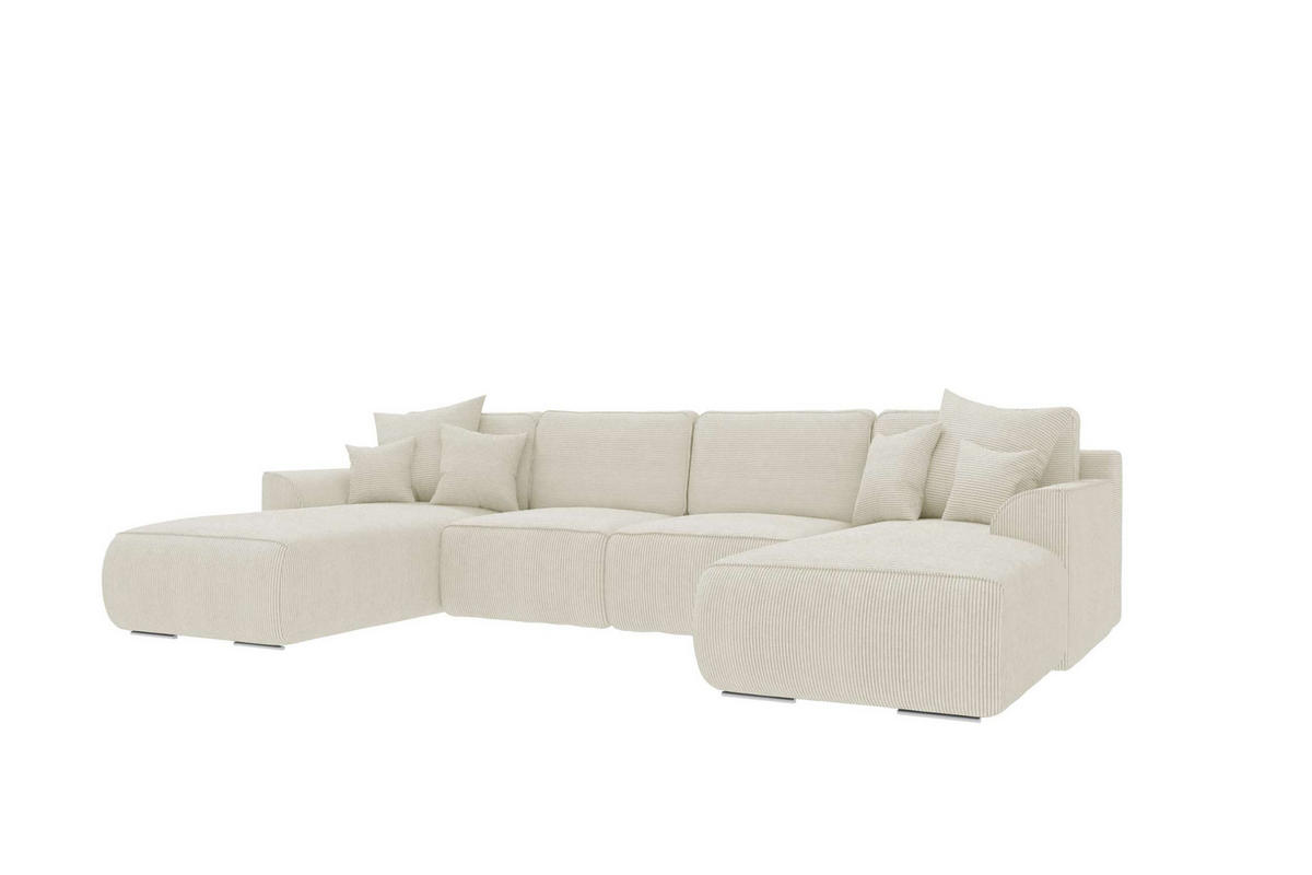 WOHNLANDSCHAFT GUSTO Cordstoff Creme inkl. Schlaffunktion - Chromfarben/Creme, Kunststoff/Textil (306/96/194cm) - 99rooms