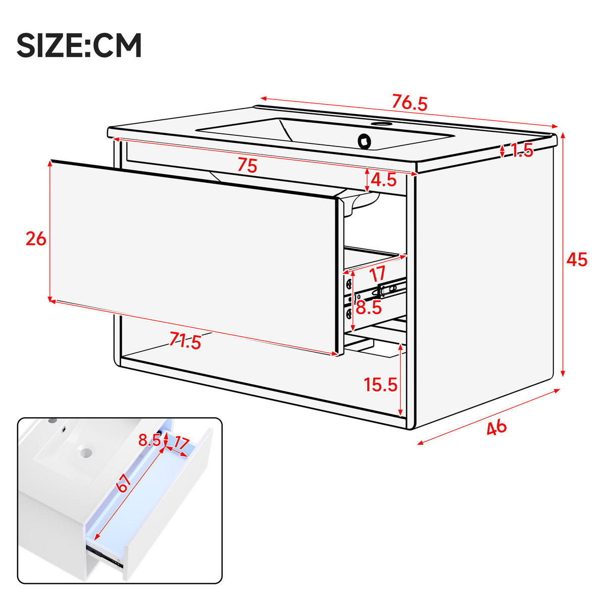 WASCHTISCHUNTERSCHRANK 76,5×46×45 cm, weiß, wandhängend, lackiert, mit LED-Bewegungssensor, 1 Schublade, offenem Fach, leisen Schienen, Waschbecken - Weiß, Holzwerkstoff (46/45/76cm) - Ej. Life