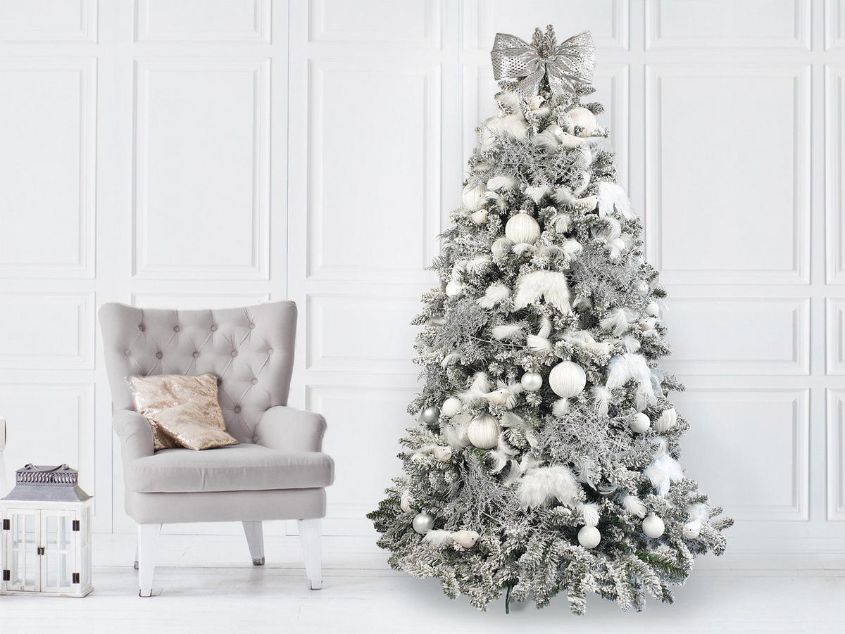 LAALU WEIHNACHTSBAUM geschmückt künstlich mit 120 Ornamenten SNOW QUEEN 240 cm Baum mit Ständer und Weihnachtsschmuck - Silberfarben/Weiß, Kunststoff (240cm) - LAALU