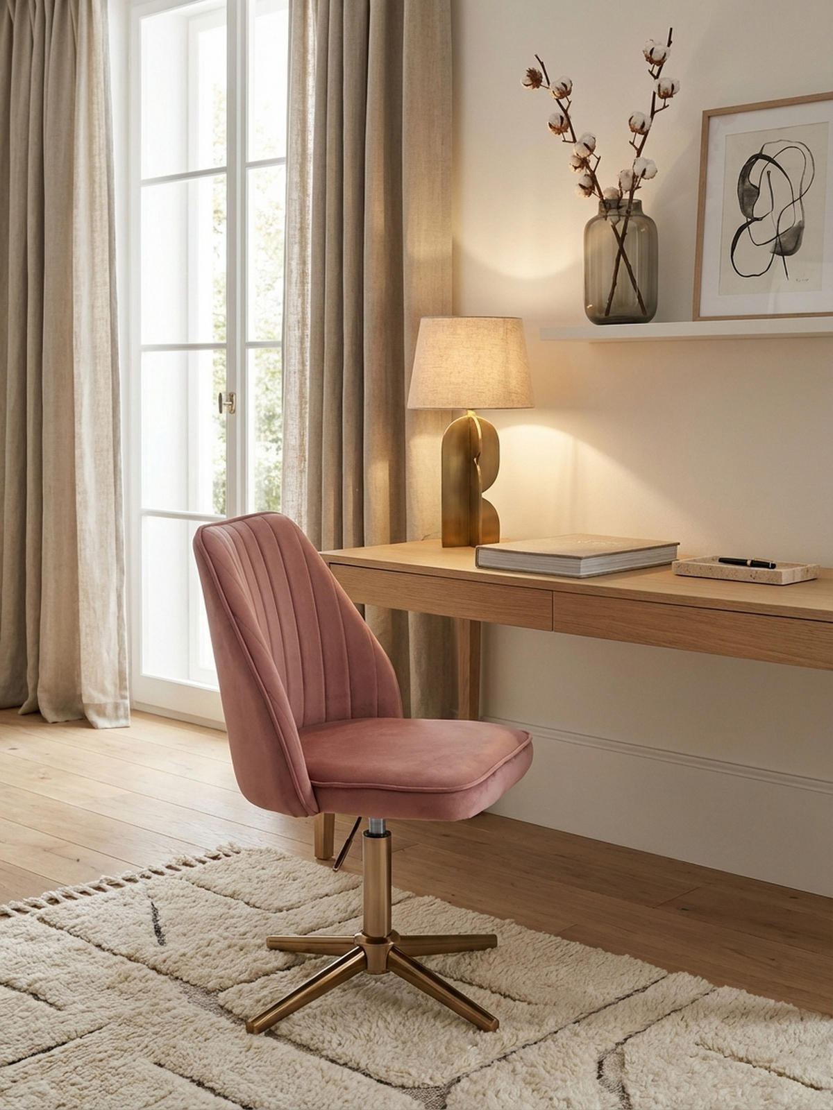 DREHSTUHL Samt mit Höhenverstellung, Eisenfuß und 360° Drehfunktion TANARO, Rosa - Pink/Goldfarben, Textil/Metall (60/100/60cm) - KADIMA DESIGN