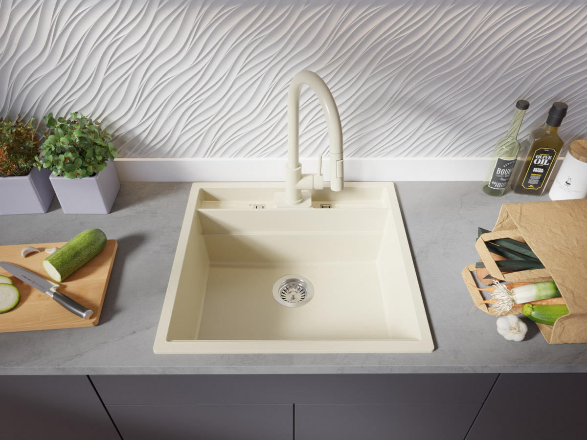 GRANITSPÜLE Bergen Pocket, 2-er set Beige 56/54 cm 1 Becken + Küchenarmatur 38/14 cm + Ablauf-Set + Küchenzubehörset ab 60er Unterschrank - Chromfarben/Beige, Kunststoff (56/20/54cm) - Primagran