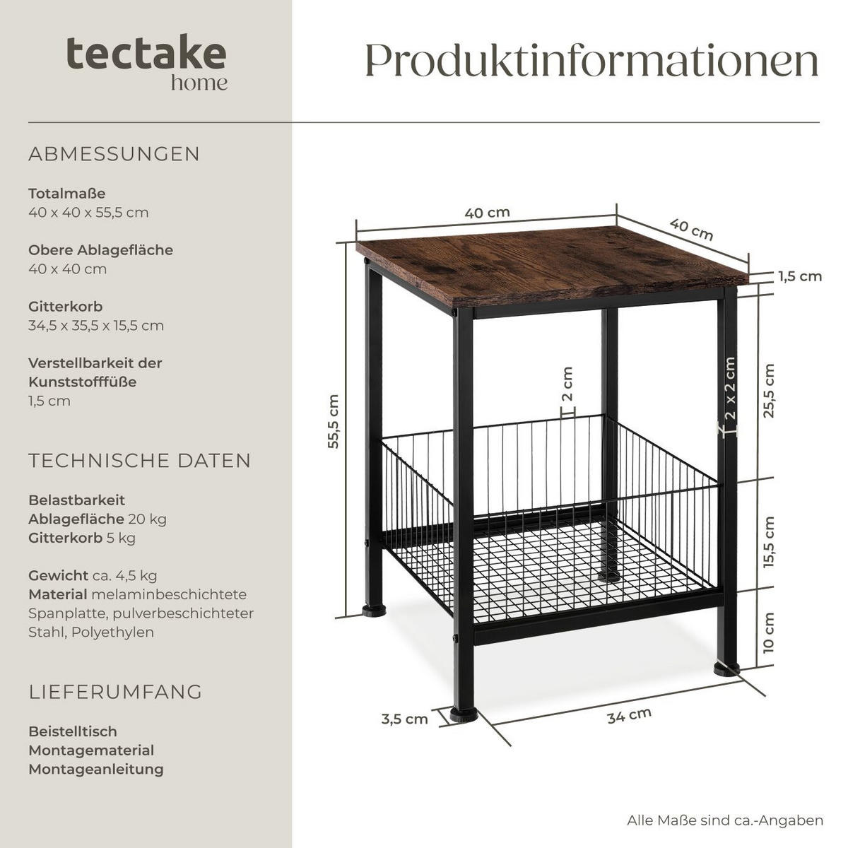 BEISTELLTISCH Grimsby, 40 x 40 x 55,5 cm, Industrial Holz dunkel, rustikal - Rostfarben, Holzwerkstoff (40/40/55.5cm) - tectake
