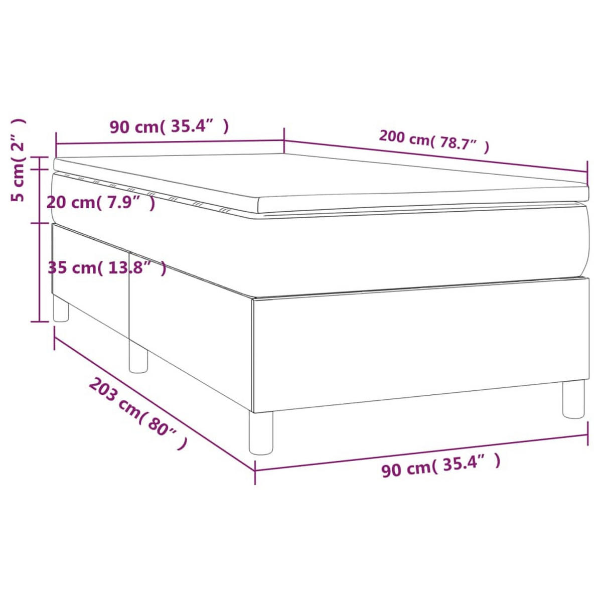 BOXBETT Mit Matratze Schwarz 90/200 Cm Stoff - Weiß, Textil (90/200cm) - vidaXL