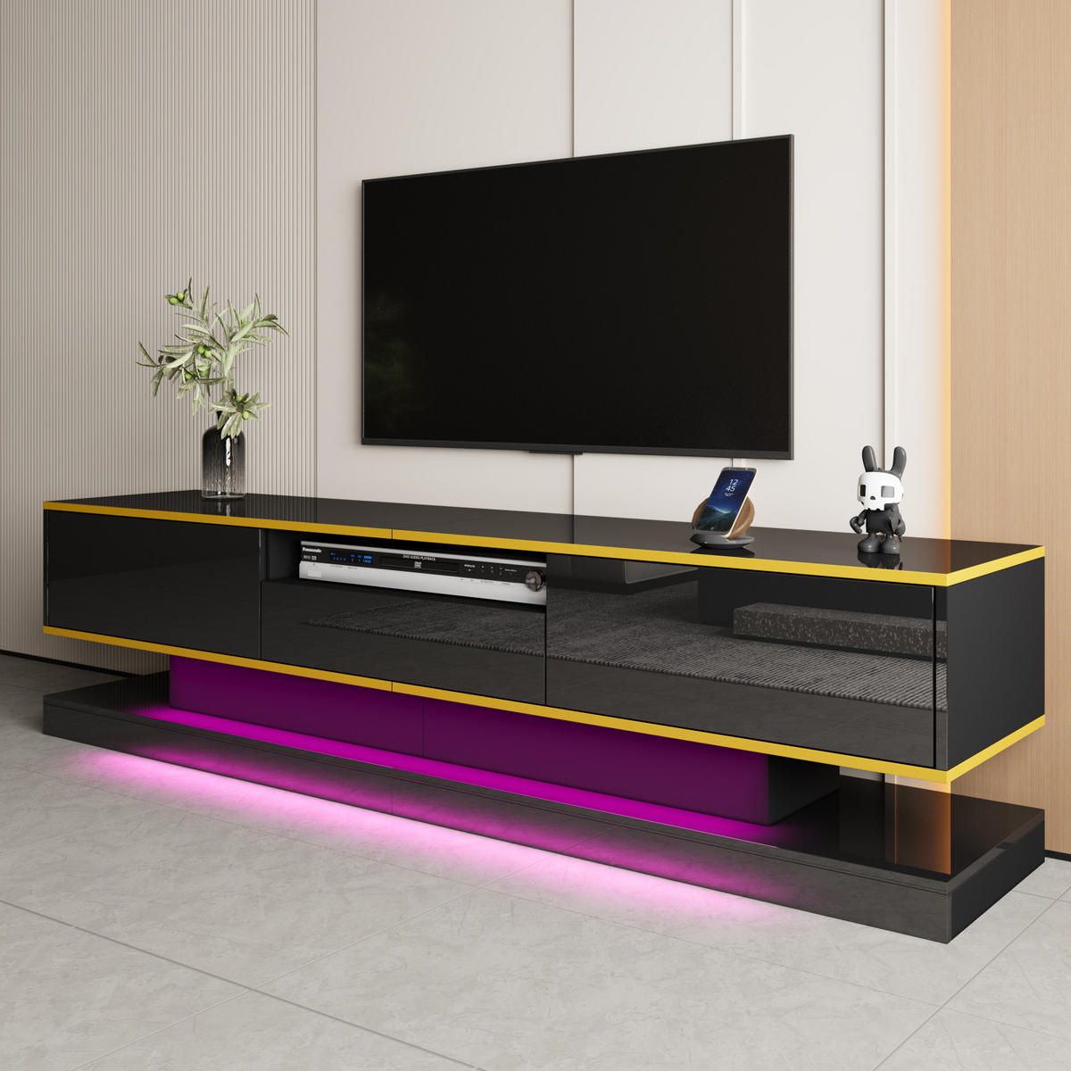 TV Lowboard LED 180 cm, 3 Schubladen, offenes Fach, Schwarz - Schwarz, Holz (180/45/38cm)