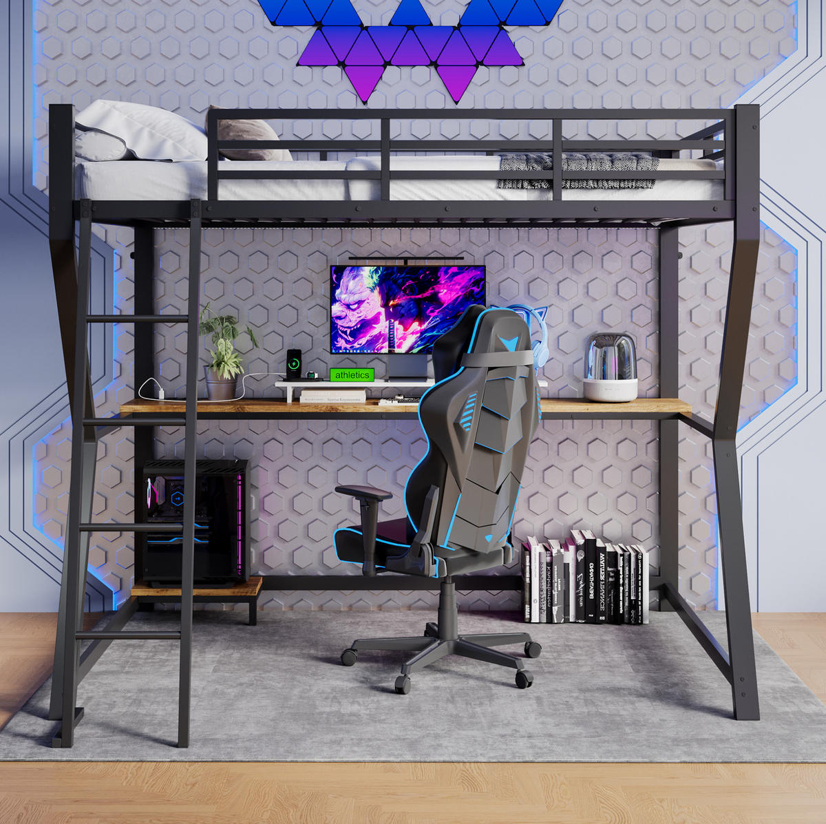 HOCHBETT 90/200 cm, Schwarz mit Schreibtisch, Steckdose und USB, ohne Matratze - Schwarz, Metall (90/200cm) - MIVRAY