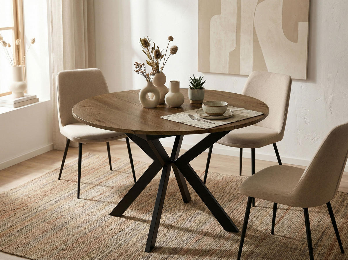 ESSTISCH Lily runder ausziehbarer, Lefkas Eiche 100-140/100/76 cm - Alteiche/Schwarz, Holzwerkstoff/Metall (100/100/76cm) - WFL GROUP