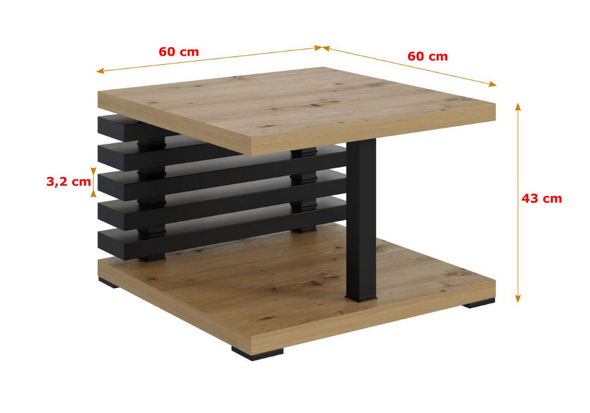 KAFFEETISCH 60x60x44 cm - Artisan Eiche Optik / Schwarz - YOTO +2 - Buchefarben, Holzwerkstoff (60/60/44cm) - ALTDECOR