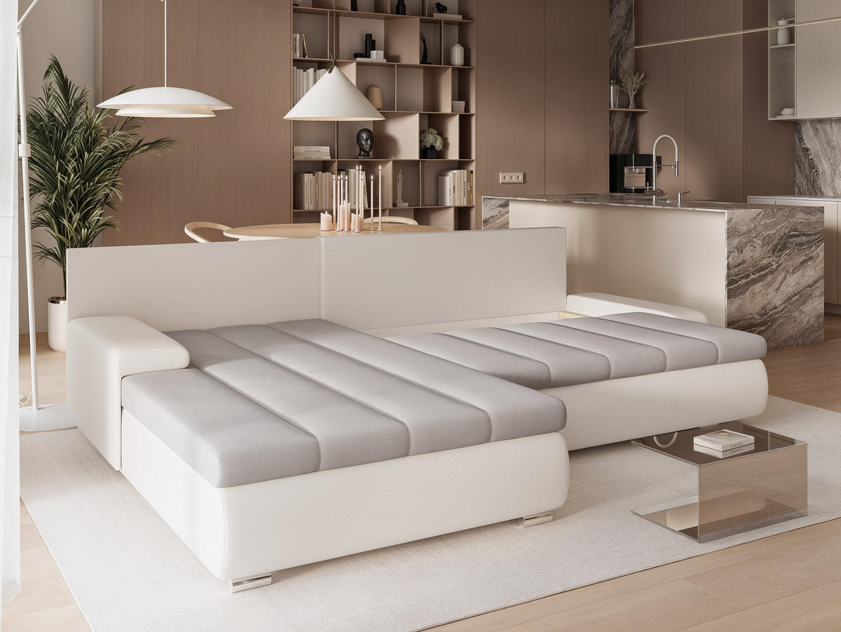 ECKSOFA VELANO mit Schlaffunktion und Bettkasten Creme/Hellgrau - Hellgrau, Holzwerkstoff/Kunststoff (250/90cm) - Idohome