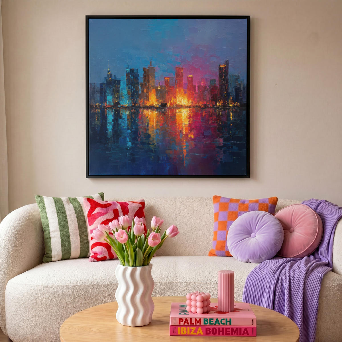 LEINWAND Bilder mit Rahmen - Skyline - Pinselstriche - Dunkelblau - Leuchtend - 90x90 - Blau, Textil (90/90cm) - MuchoWow
