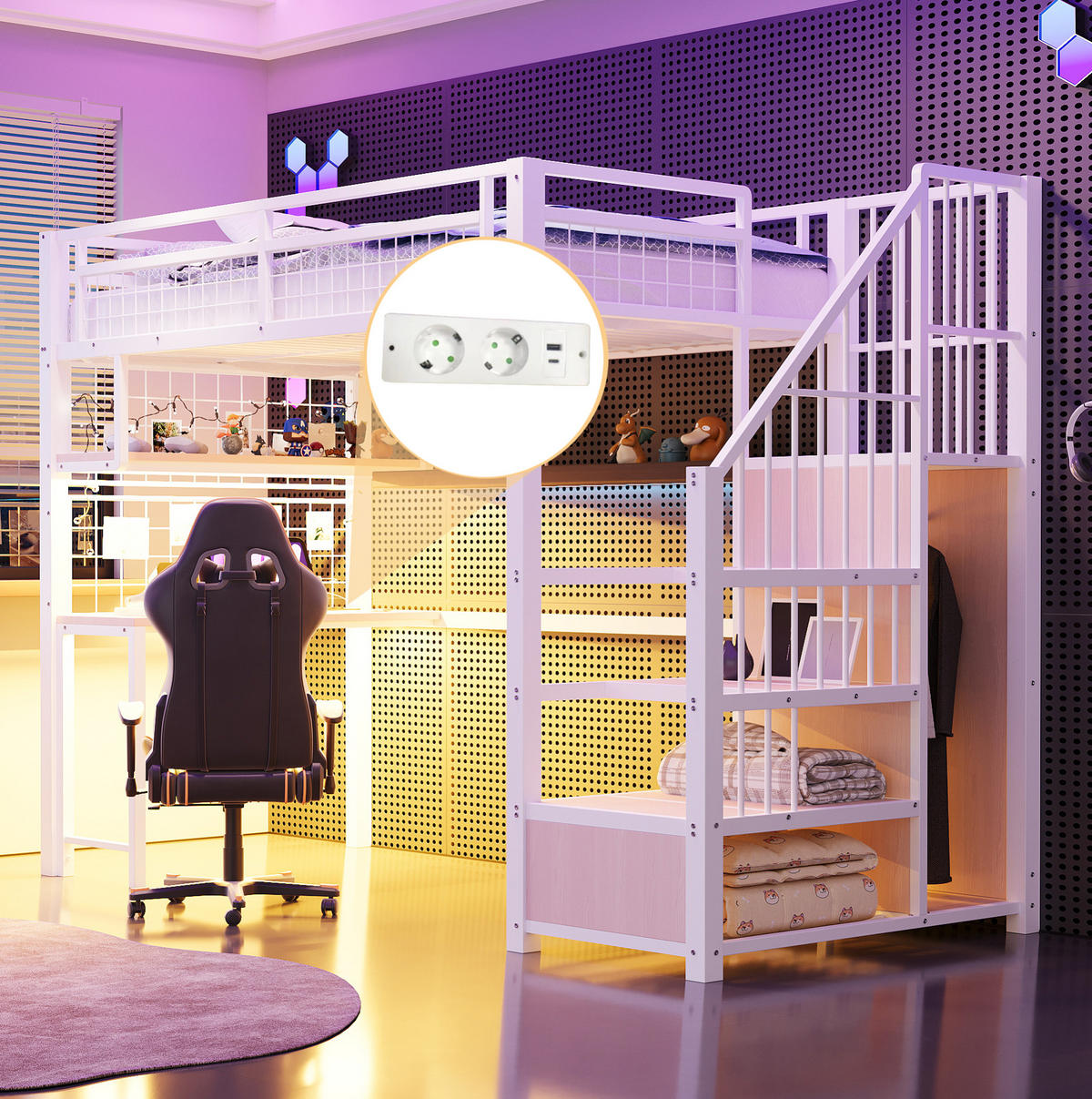 HOCHBETT mit Schreibtisch 90/200 cm in Weiß – mit Stauraumtreppe und Kleiderschrank - Weiß, Metall (90/200cm) - BEAOK