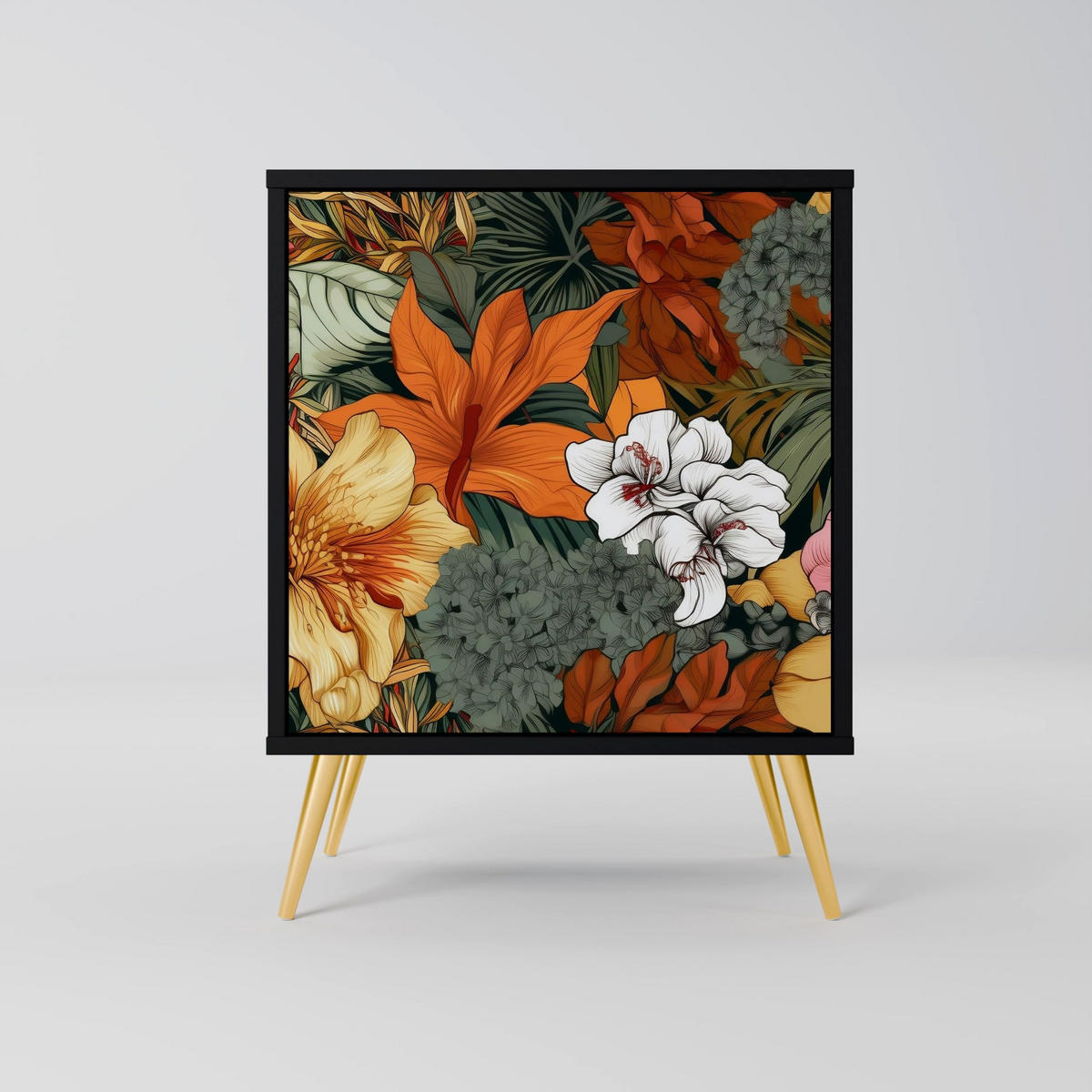 SIDEBOARD RADIANT FLORA, Schwarz, 57,5x42x67,5 cm, Schwarze Metall-Rahmenfüße - Multicolor/Schwarz, Holzwerkstoff/Metall (57.5/67.5/42cm) - SpaceRebels