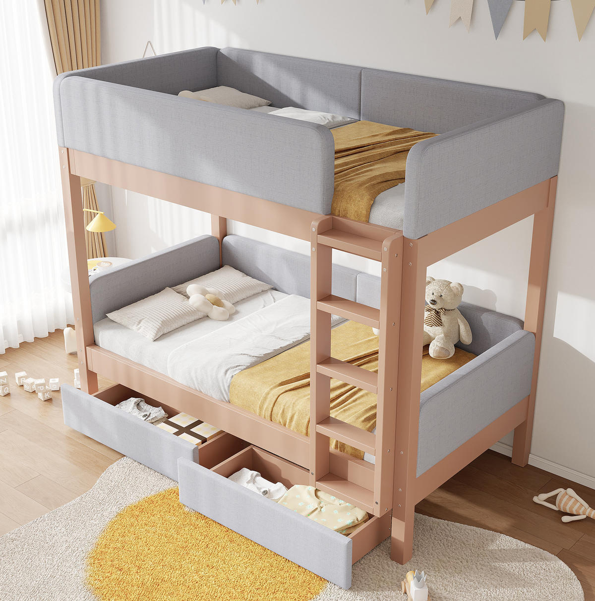 ETAGENBETT 90/200 cm in Grau/Natur mit 2 Schubladen und gerader Treppe - Grau, Holz (90/200cm) - OKMYHOME