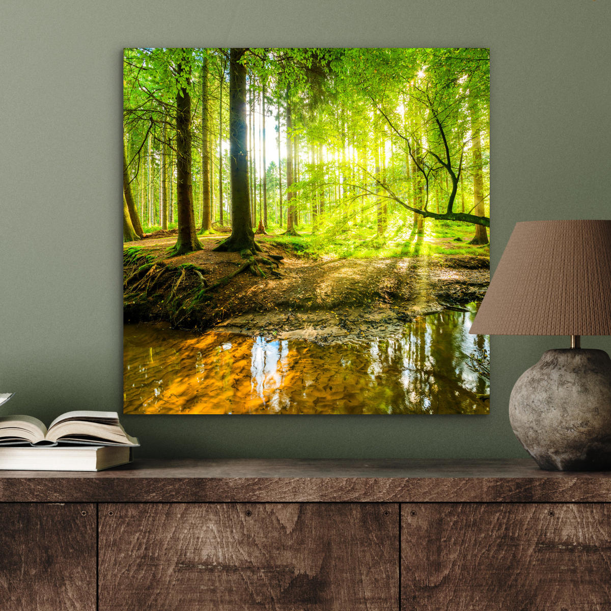 METALLBILD Wald - Landschaft - Wasser - Bäume - Sonne - Grün - Natur 50x50 cm - Grün, Metall (50/50cm) - MuchoWow