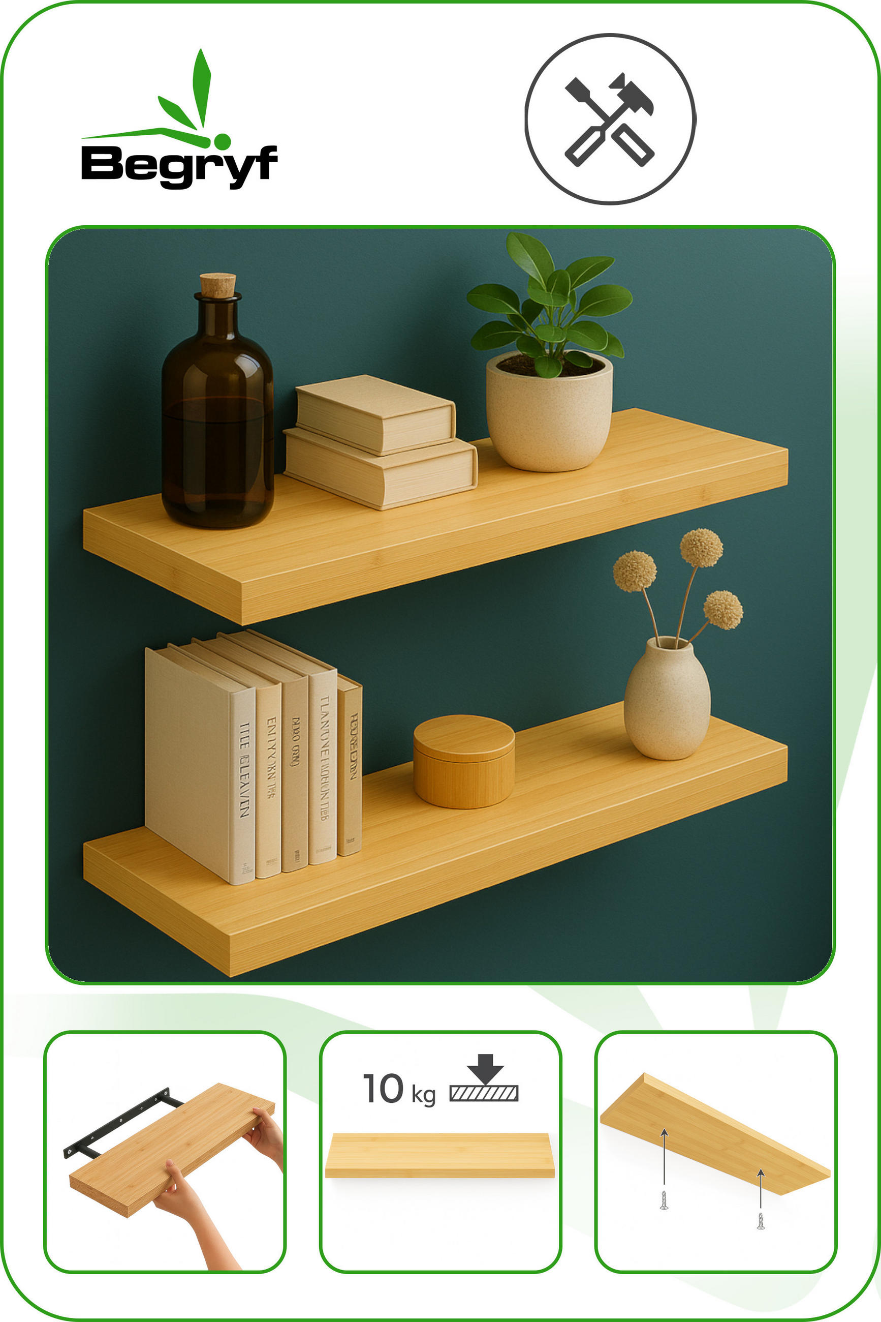 WANDREGAL Bambusoptik Naturfarben 2er Set 80x20x4 cm - Naturfarben, Holzwerkstoff/Metall (80/3.8/20cm) - Begryf