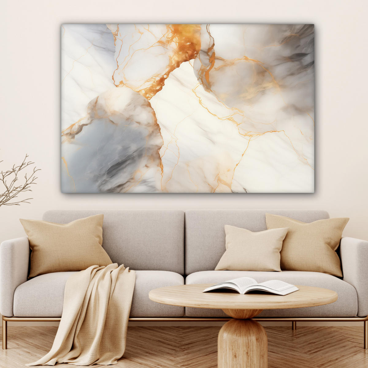LEINWANDBILD Marmor - Grau - Gold Wohnzimmer Groß 120x80 cm - Weiß, Textil (120/80cm) - MuchoWow