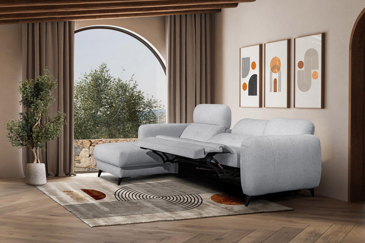 ECKSOFA SVEN 3-Sitzer, 1 Relax XL, verstellbare Kopfstützen, hellgrau - Hellgrau/Schwarz, Holzwerkstoff/Textil (256/163cm) - Courtois Laville