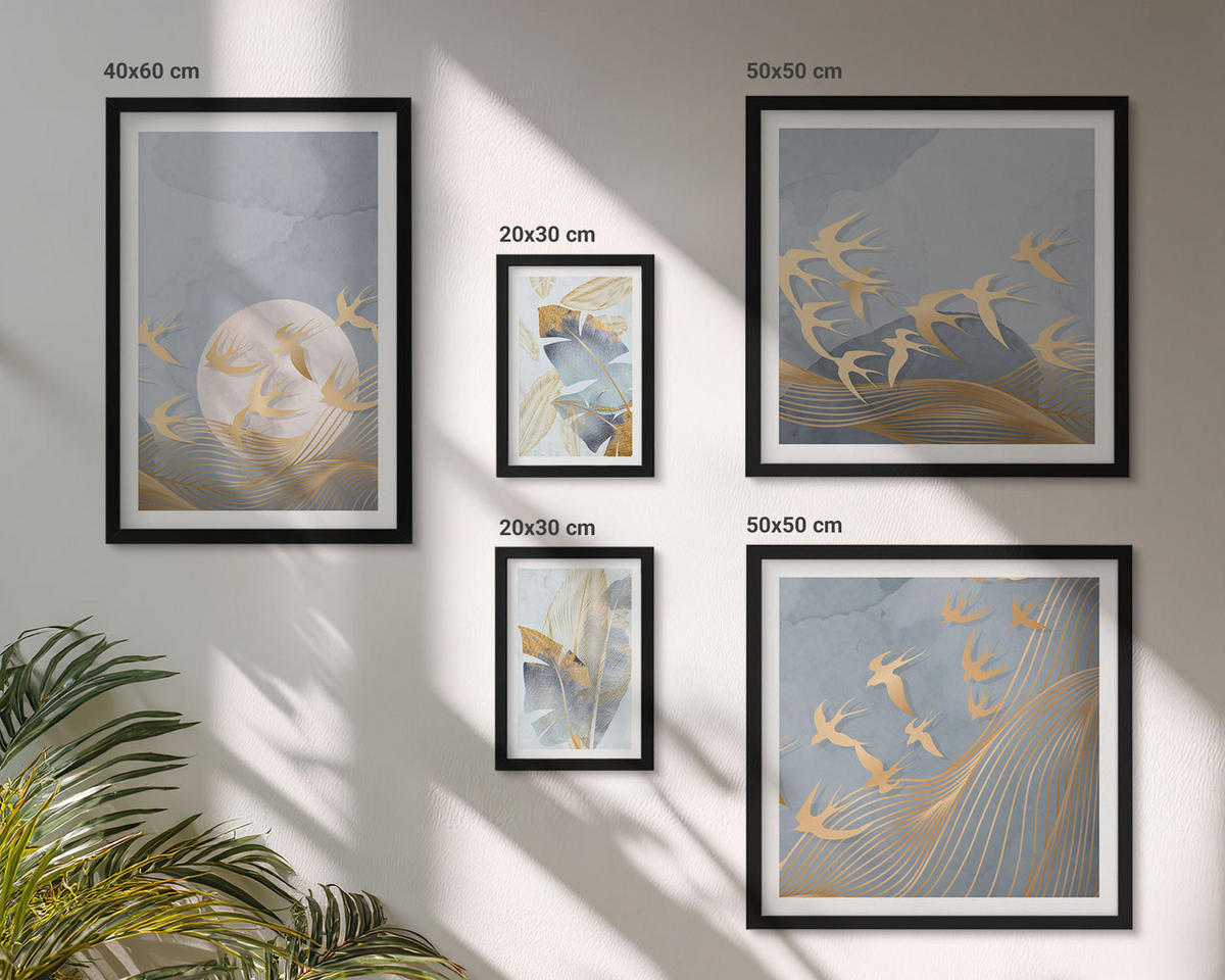 WANDBILDER 5er-Set - 50x50 cm & 20x30 cm & 40x60 cm Schwarzer Rahmen - Blaubeige Blätter im Hintergrund - Schwarz, Kunststoff (40/60cm) - ArtPrintCave