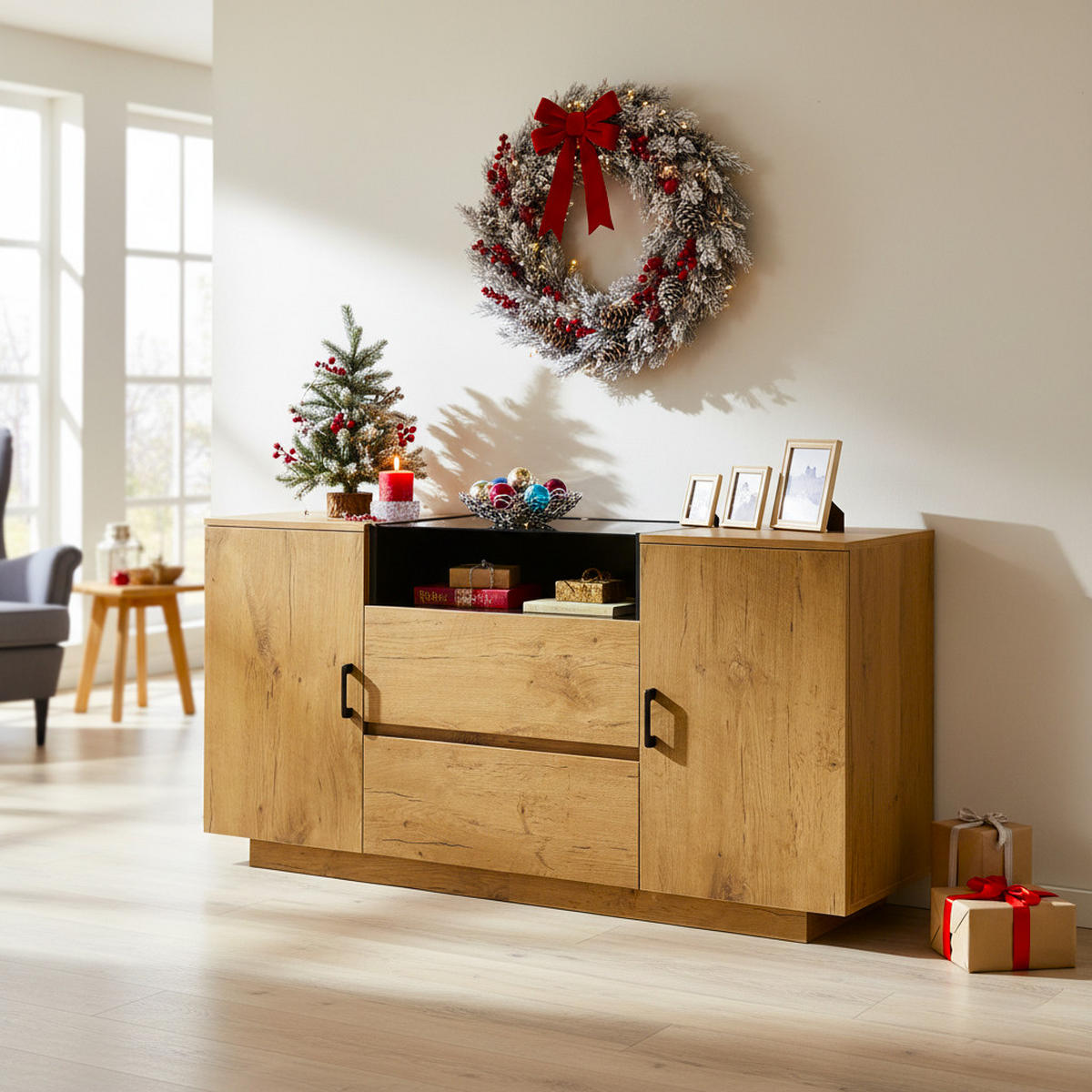 SIDEBOARD in Eichenoptik mit Glasfront mit 2 Schubladen, 2 Türen & offenem Fach - Eichefarben, Holzwerkstoff (140/70/40cm) - Urban Meuble