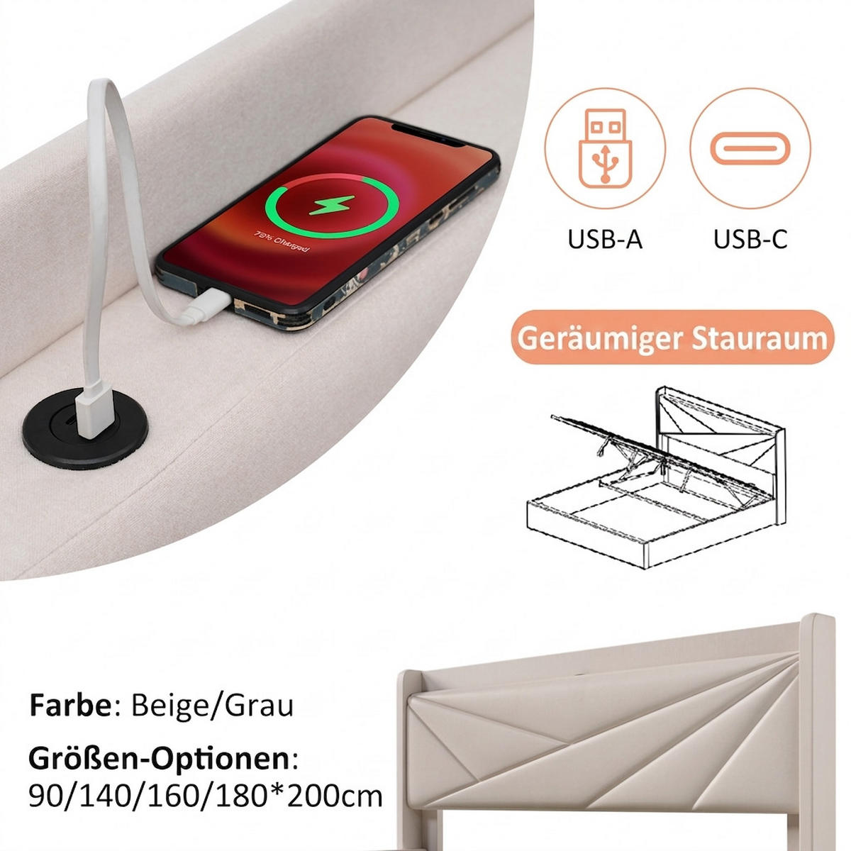 POLSTERBETT 90/200 cm Beige mit USB Typ C Ladefunktion und Stauraumbetten (Ohne Matratze) - Beige, Textil (90/200cm) - Oxeza