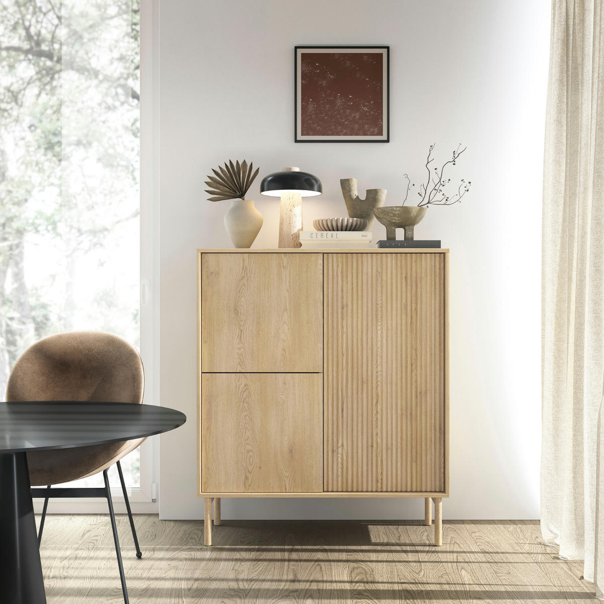 HIGHBOARD TAU KOM1 Eiche Cremona - Eiche Bianco/Eichefarben, Glas/Holz (104/122/40cm) - Komodee