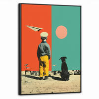 LEINWAND Bilder mit Rahmen - Retro - Junge - Hund - Rot - Grün - 50x70 - Orange, Textil (50/70cm) - MuchoWow