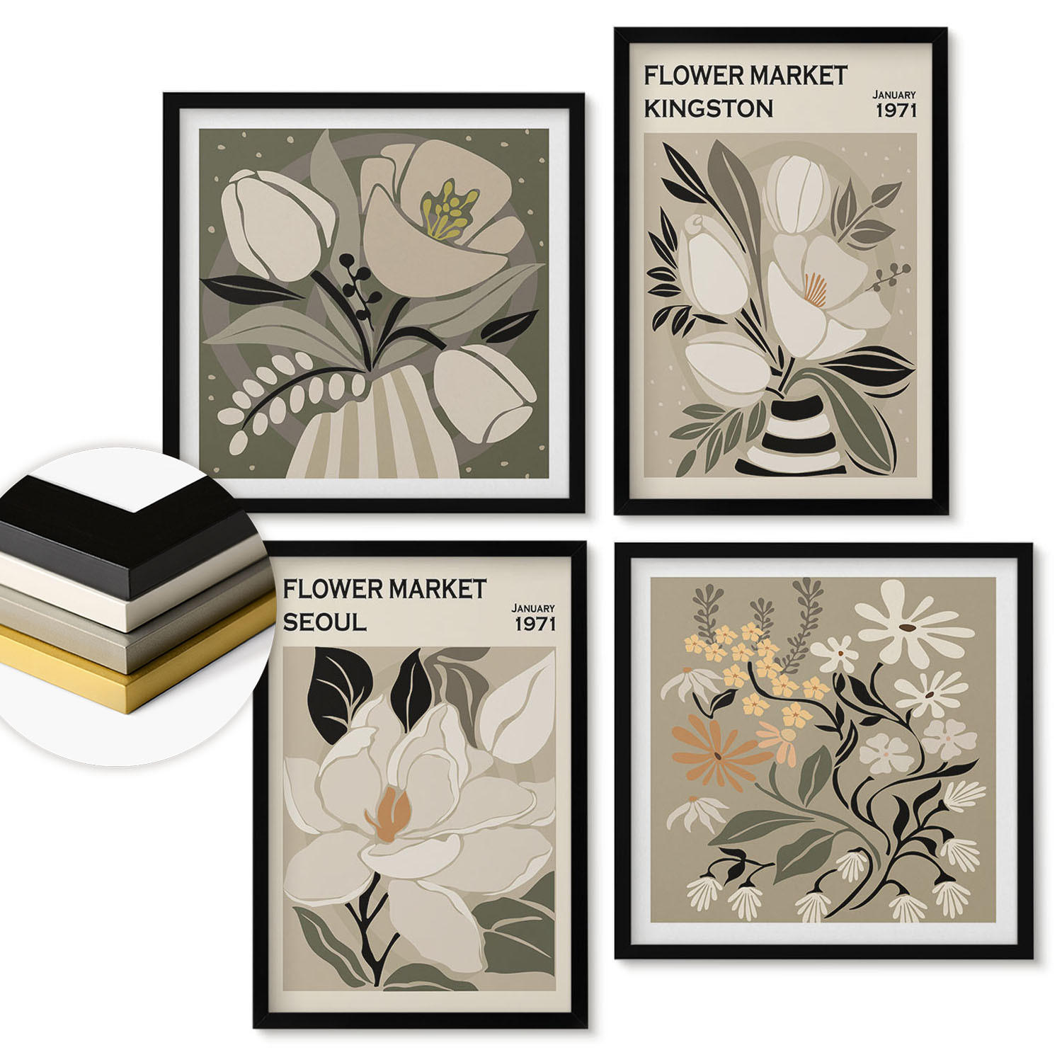 WANDBILDER 4er-Set - 50x50 cm & 40x60 cm Schwarzer Rahmen - Kingston Seoul Retro-Blumen - Schwarz, Kunststoff (50/50cm) - ArtPrintCave