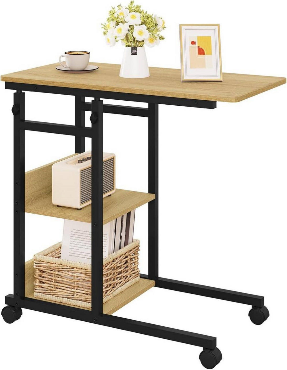 BEISTELLTISCH C Form, mit Rollen, helle Eiche + Schwarz - Eichefarben/Schwarz, Holzwerkstoff/Metall (40/80/76cm) - Woltu