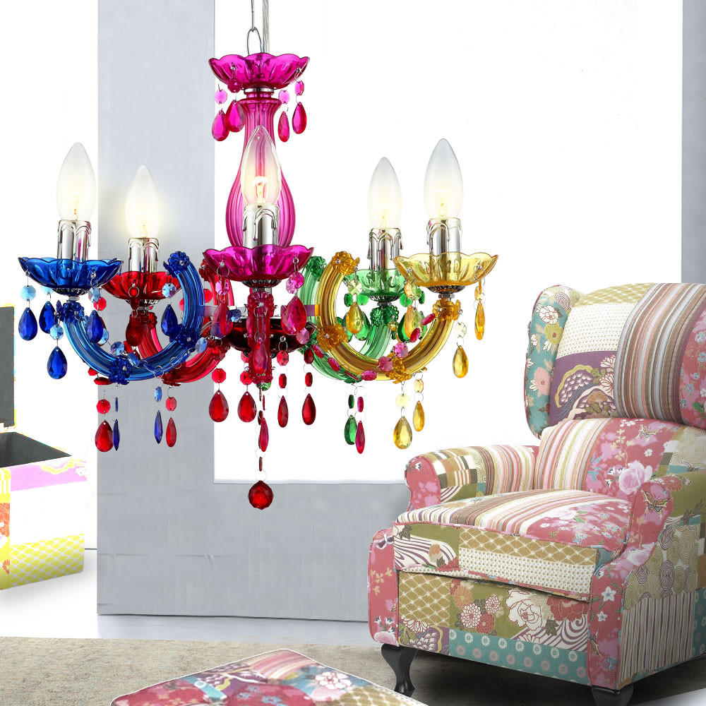 KRONLEUCHTER Kristalle Bunt 5-flammig - Multicolor, Metall (44/44/128cm) - Globo Lighting