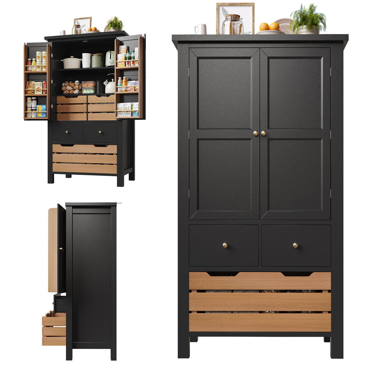 KÜCHENSCHRANK 80x40x140 Cm Buffet 5 Schubladen Schwarz - Schwarz, Metall (80/140/40cm) - FLIEKS