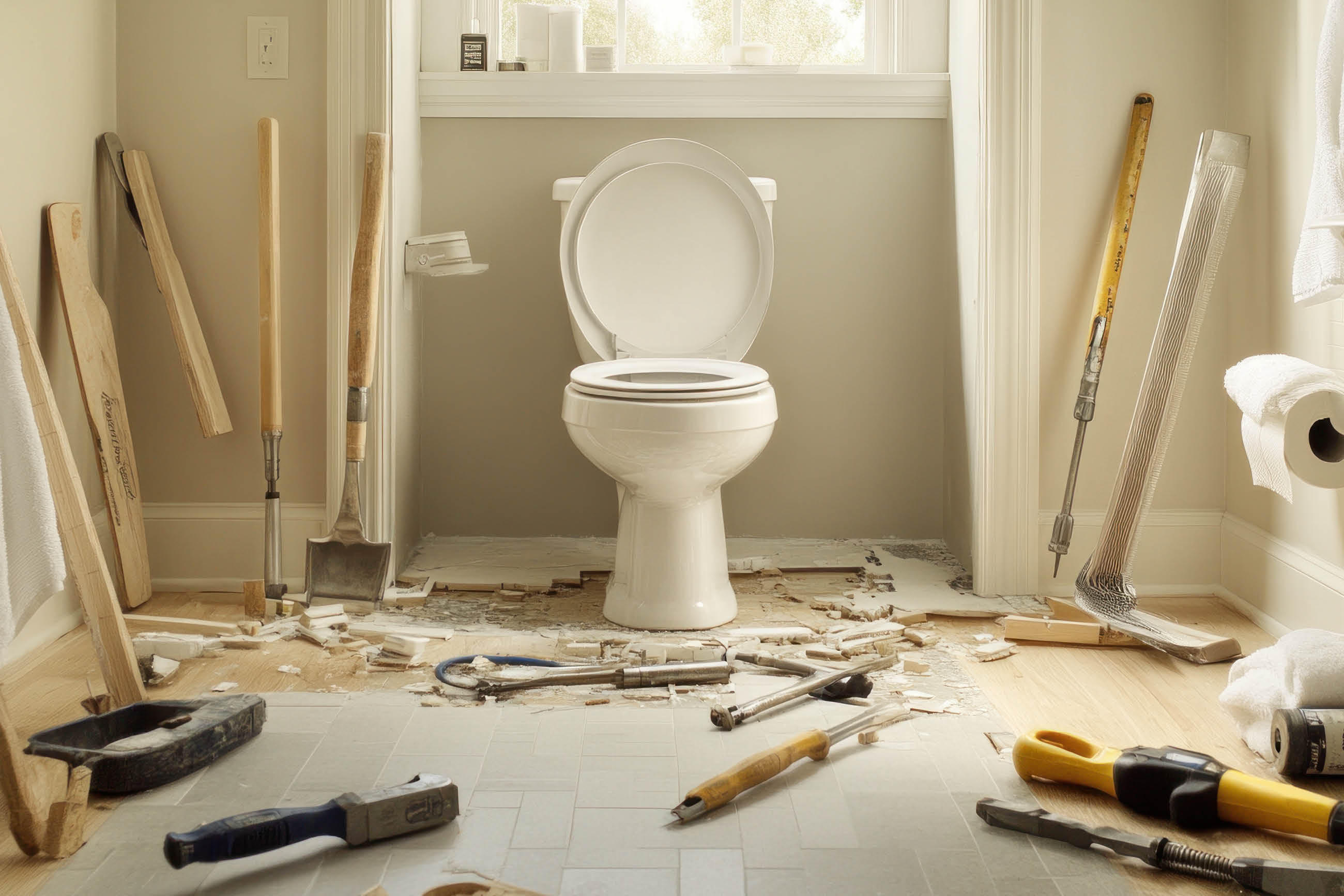 Ein Badezimmer mit einem Toilettenbecken in der Mitte, umgeben von verschiedenen Werkzeugen wie Schaufeln, Hammer, Zangen und Fliesen. Der Raum ist unordentlich und zeigt Renovierungsarbeiten.