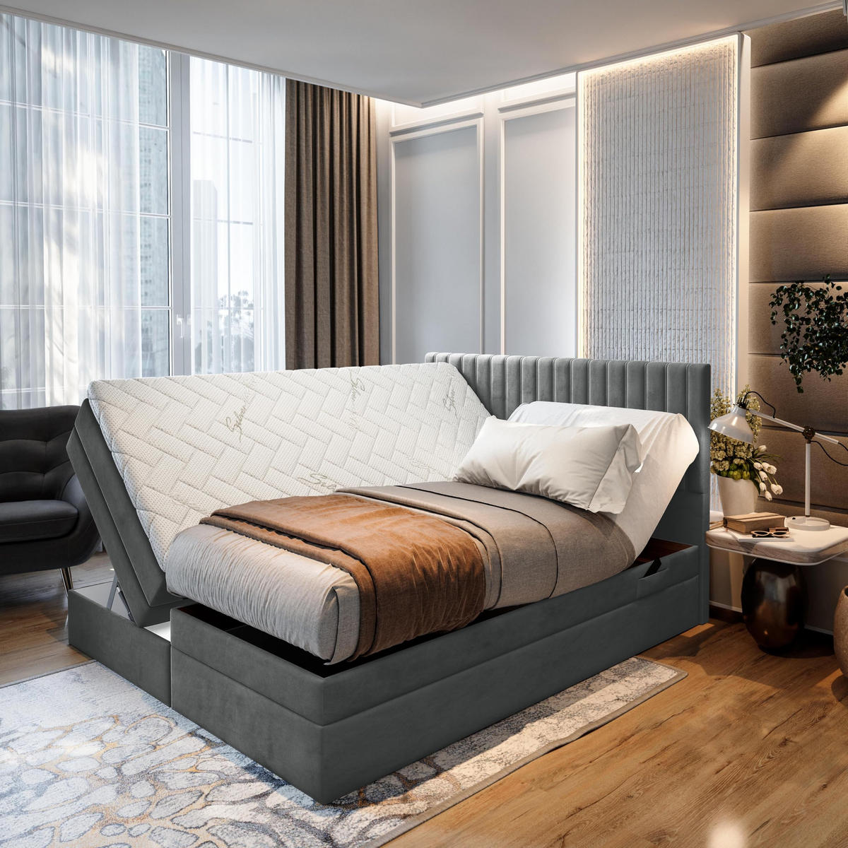 BOXSPRINGBETT ADÈLE 140x200 cm - elektrische Bett mit Matratze + Tooper und Bettkasten - Dunkelgrau - 140x200 cm - Dunkelgrau, Textil (140/200cm) - Trada