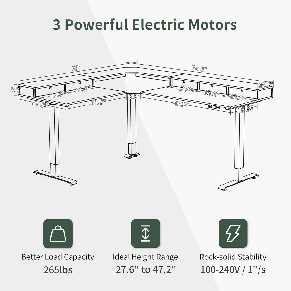 SCHREIBTISCH Höhenverstellbar Elektrisch L-Form 190 x 160 cm Weiß/Weiß - Weiß, Metall (190/160/120cm)