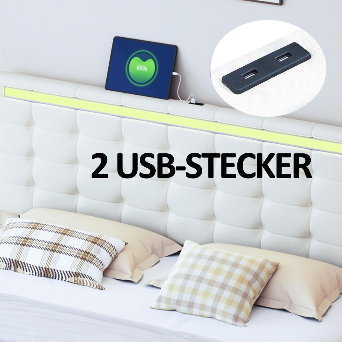 BETT 160x200 cm mit LED und USB, Doppelbett 160x200 cm mit Lattenrost, schwebendes Design, Leinenbezug Beige - Beige, Holz/Textil (160/200cm) - GENKI LIVING