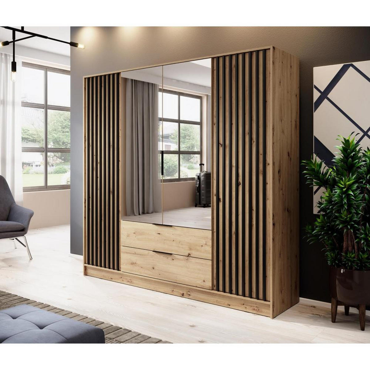 DREHTÜRENSCHRANK Kelly 206/200/51 4-türig eiche artisan mit Spiegel - Schwarz/Eiche Artisan, Holzwerkstoff/Kunststoff (206/200/51cm) - Beautysofa