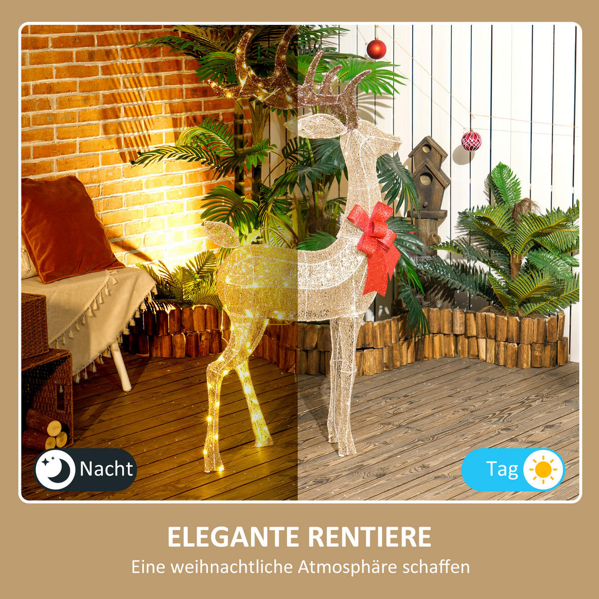 137ER LED Rentier, Weihnachtsdeko in warmweiß, Weihnachtsbeleuchtung - Goldfarben, Kunststoff/Metall (25/135/66cm) - Outsunny