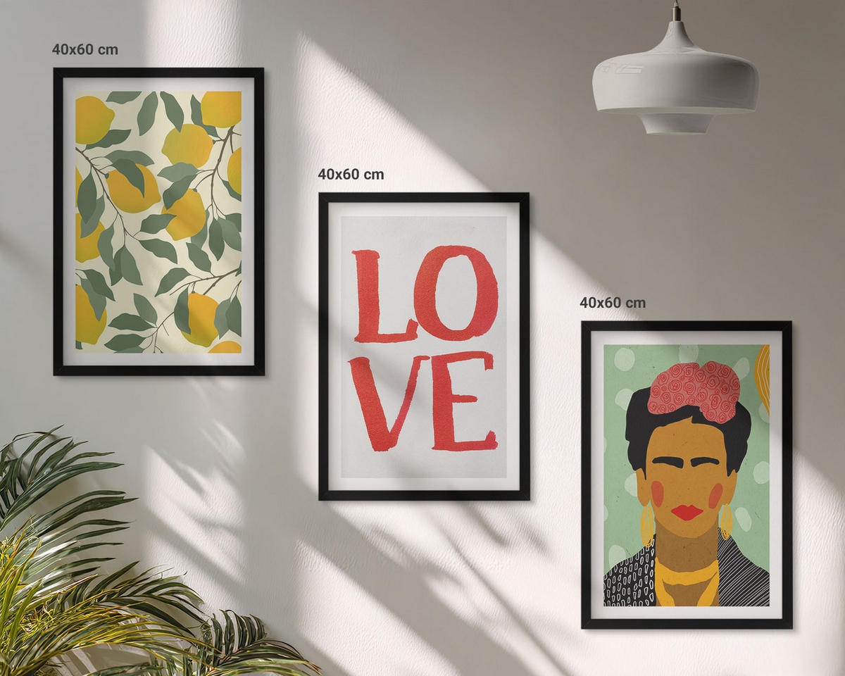 BILDER SET 3er Set - 40x60 cm Schwarzer Rahmen - Lemons LOVE Porträt von Frida - Schwarz, Kunststoff (40/60cm) - TULUP