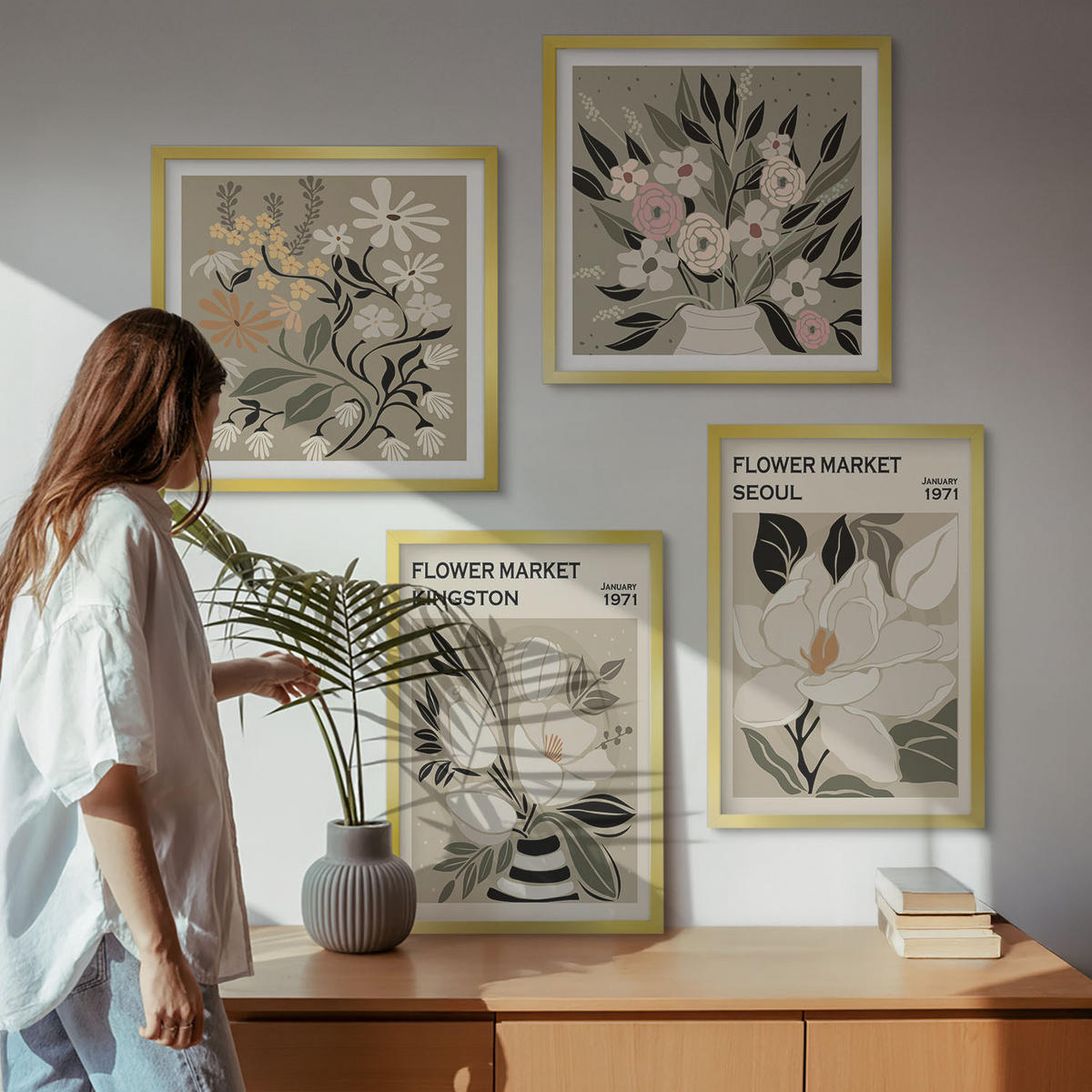BILDER SET 4er Set - 50x50 cm & 40x60 cm Goldrahmen - Retro-Blumen aus Städten rund um die Welt - Goldfarben, Kunststoff (50/50cm) - TULUP