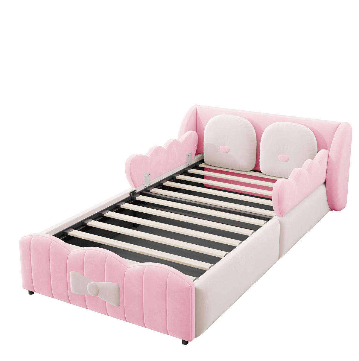 KINDER-POLSTERBETT aus Samt 90x200 cm Rosa mit hydraulischem Stauraum und 2 Zierkissen - Pink, Textil (90/200cm) - Modfu
