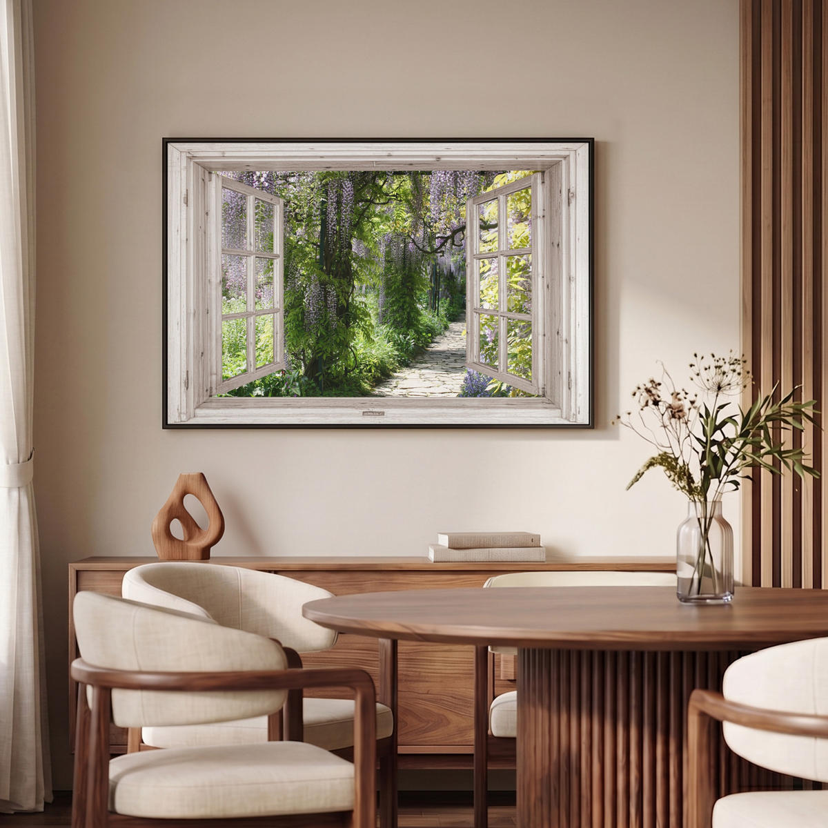 LEINWAND Bilder mit Rahmen - Blauer Regen - Blumen - Aussicht - Baum - Frühling - 90x60 - Grün, Textil (90/60cm) - MuchoWow