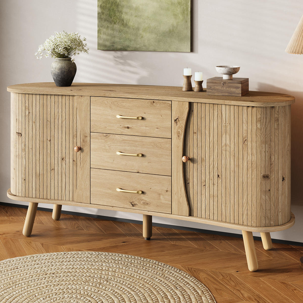 KOMODA, videz lesa, v obliki graha, z 2 drsnimi vrati in 3 predali - naravne barve, leseni material (150/75/36.5cm) - Urban Meuble