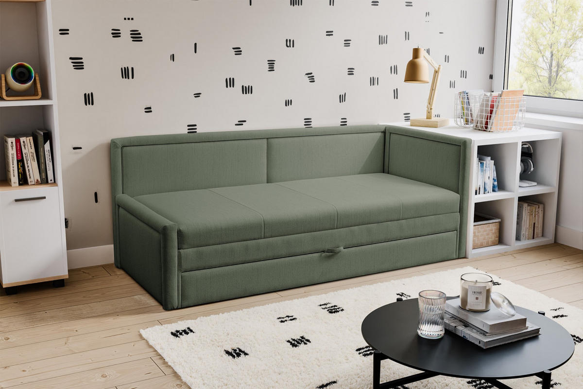 JUGENDBETT Caprili Salbeigrün mit Bettkasten - Schwarz/Hellgrün, Kunststoff/Textil (163/189cm) - Selsey