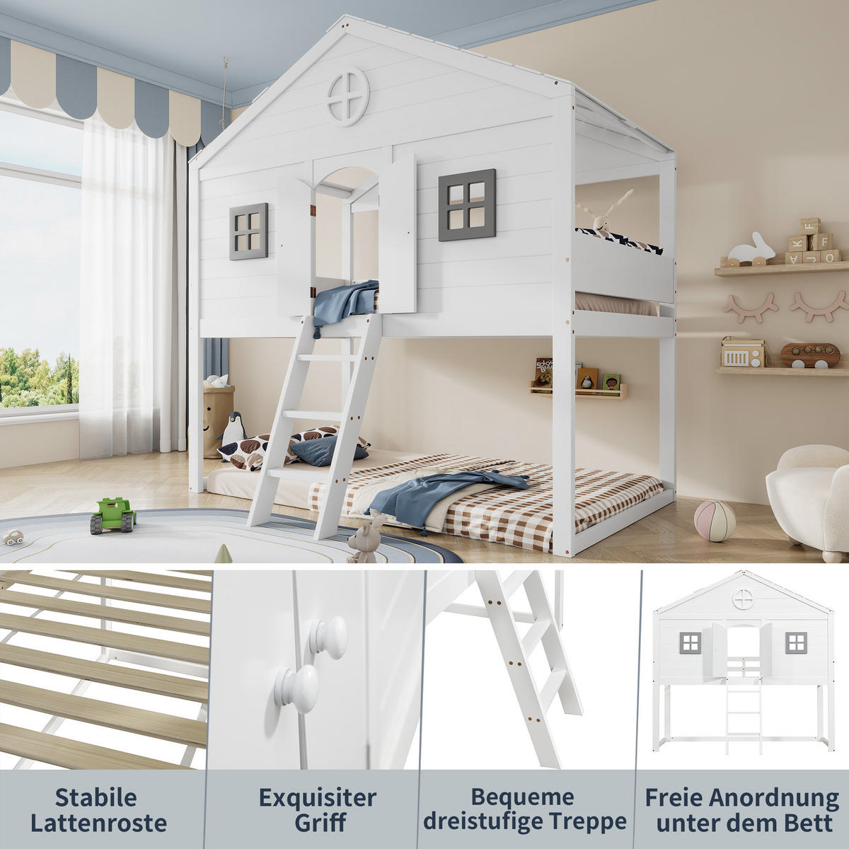 HAUSBETT 90x200 cm Treppe Fenster weiß - Weiß, Holz (90/200cm) - LEBENLANG