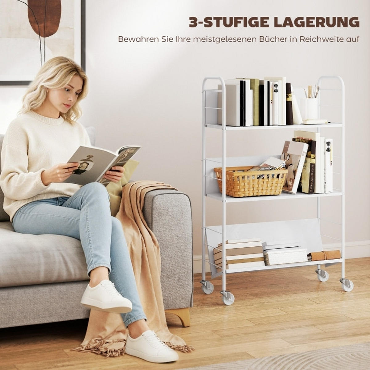 BÜCHERREGAL 69/26/108 cm mit 3 Ebenen, Rollen und Metallgestell, platzsparend, Weiß - Weiß, Metall (69/108/26cm) - Redom