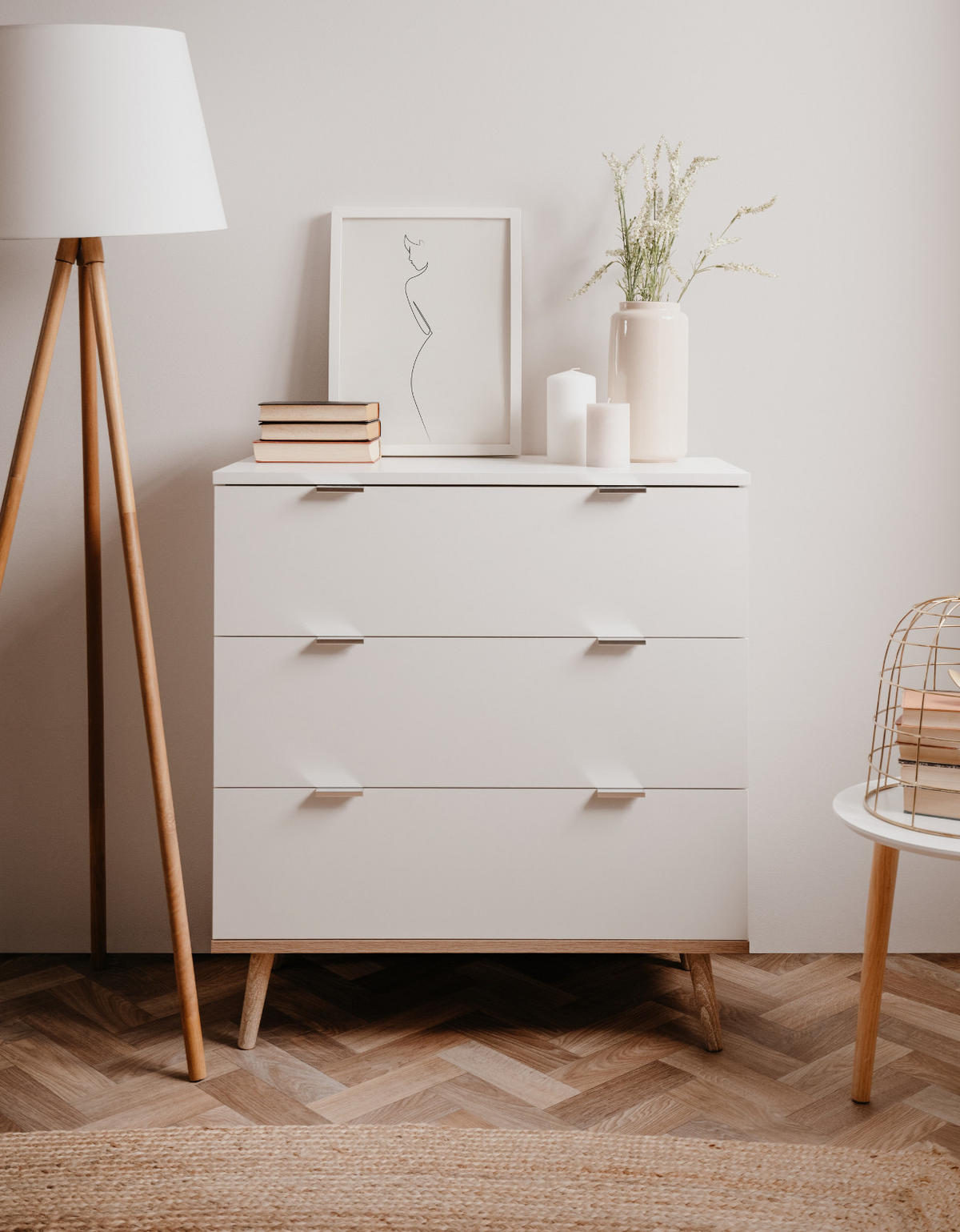 SCHUBKASTENKOMMODE weiß matt, Eiche Sonoma massiv 80 cm, Kommode skandinavisch - Chromfarben/Eichefarben, Holz/Holzwerkstoff (80/86.5/40cm) - Furn.Design