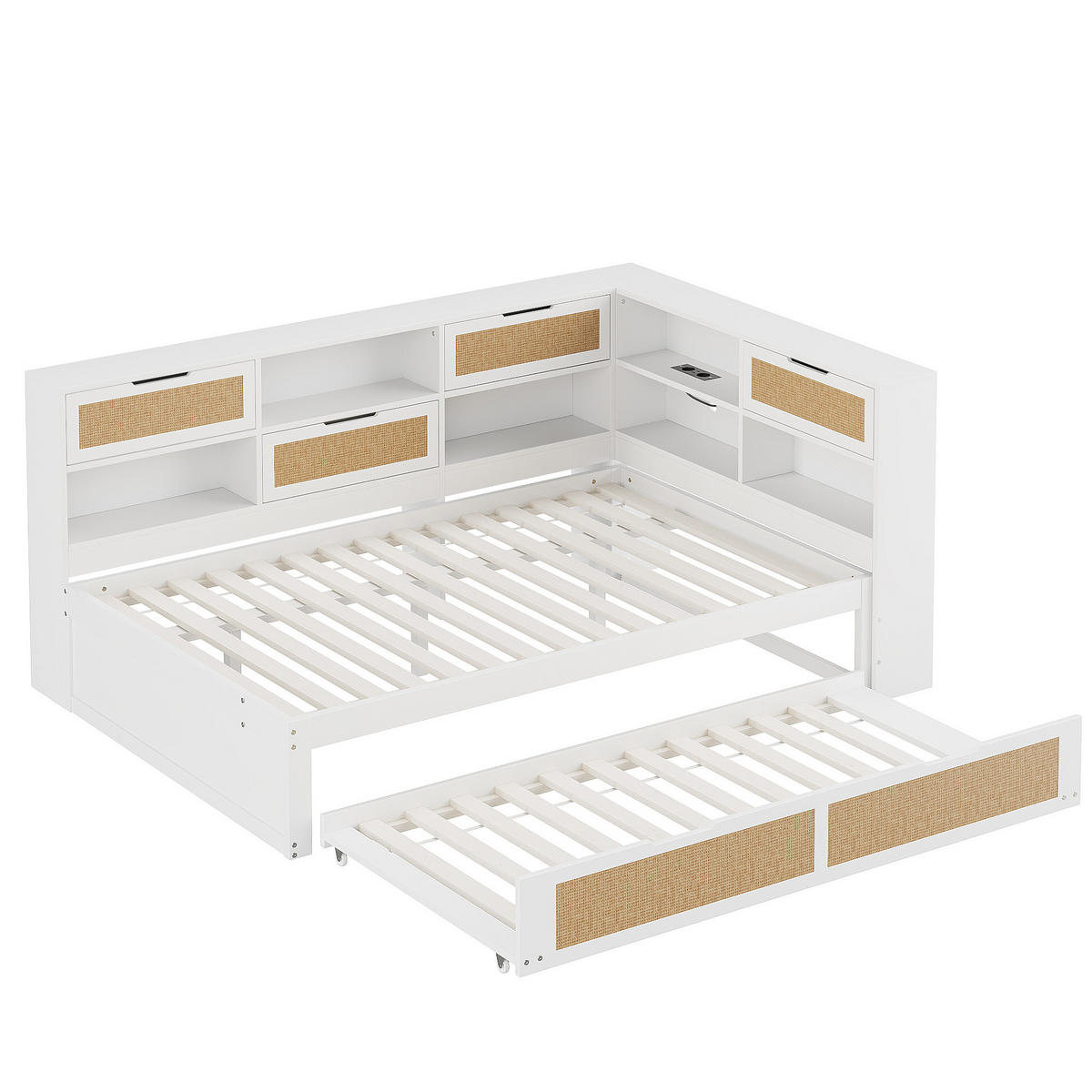 BETT 140/200 cm aus Holz mit Ausziehbett, Stauraum und USB, Weiß - Weiß, Holz (140/200cm) - Flora Grace