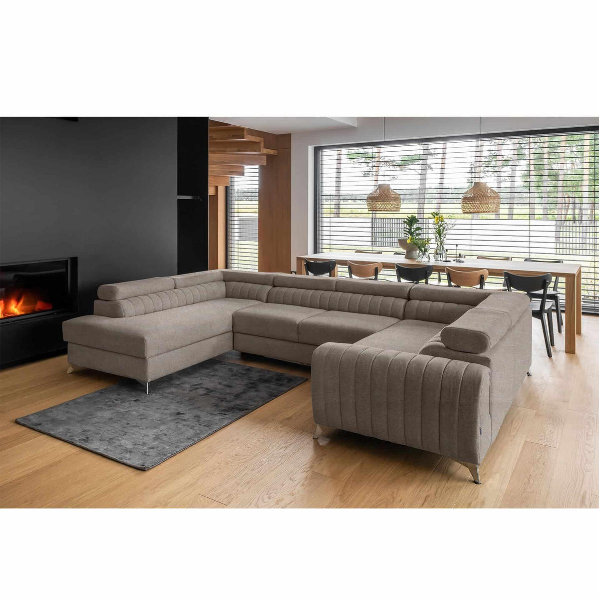 WOHNLANDSCHAFT mit Schlaffunktion und Bettkasten - Taupe/Silberfarben, Textil/Metall (202/92/347cm) - Eltap