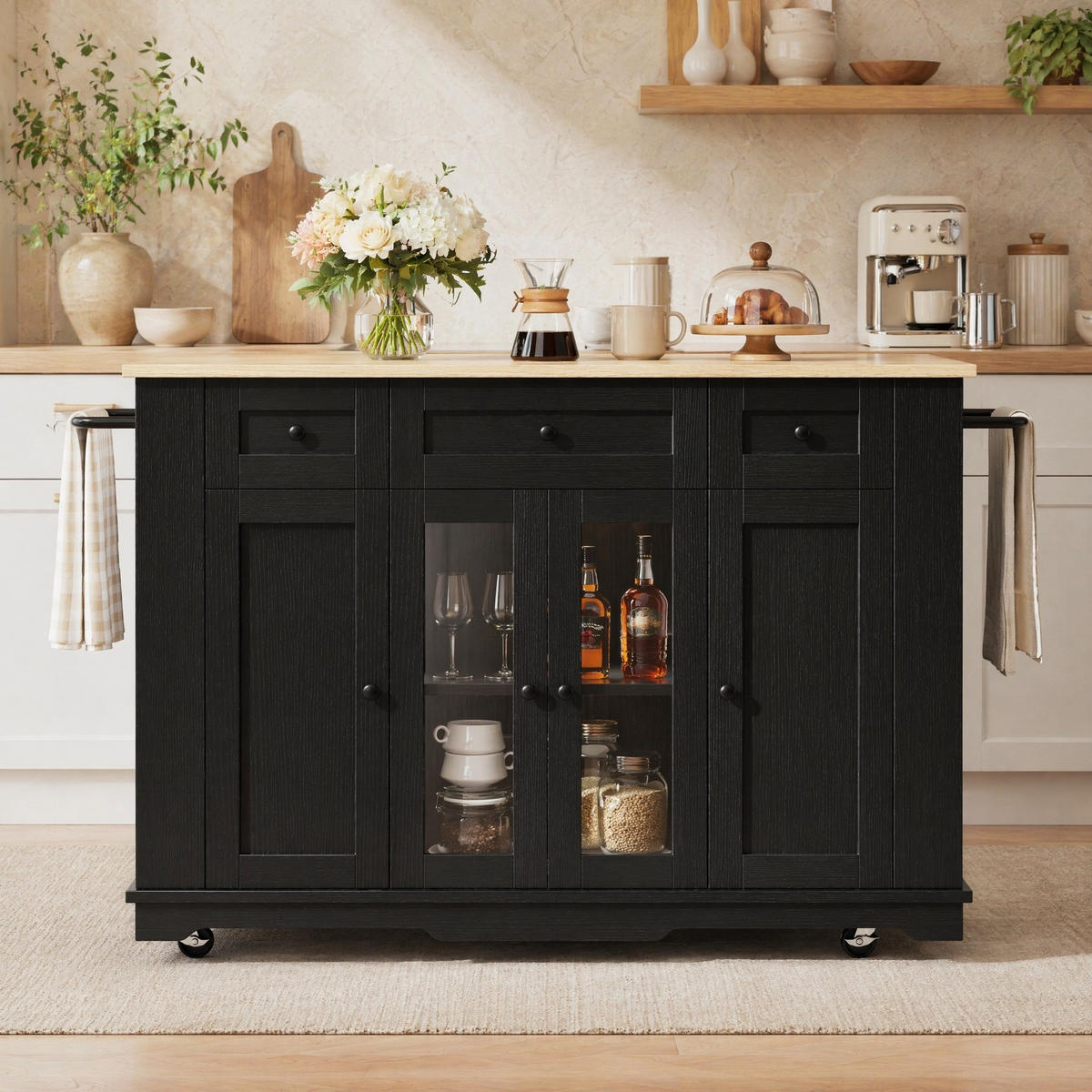 KÜCHENINSEL in Schwarz und Naturfarben Servierwagen mit Schubladen für Küche und Esszimmer, B151.5/T60/H91.7 cm - Schwarz/Naturfarben, Glas/Holzwerkstoff (151.5/91.7/60cm) - STILVORA