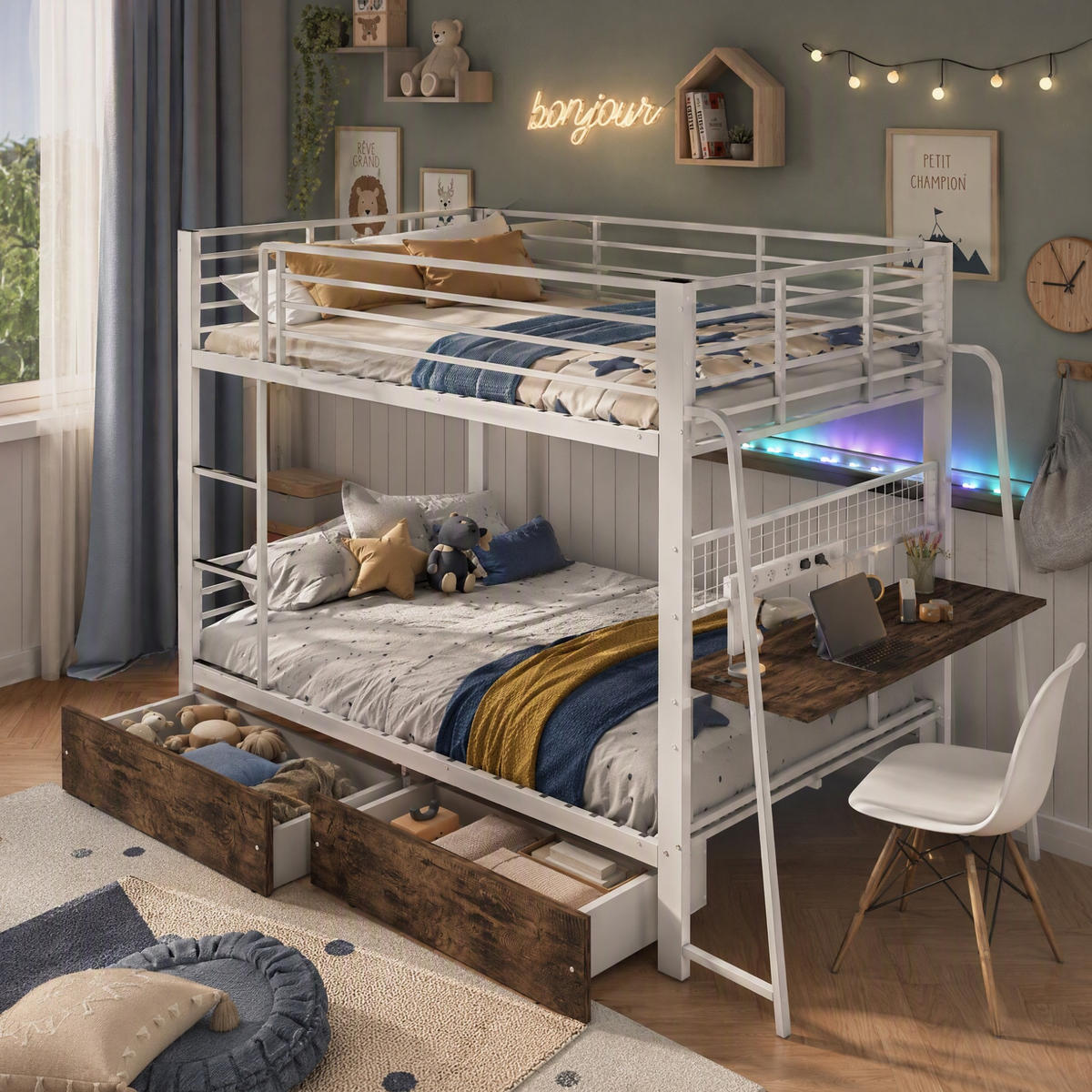 HOCHBETT aus Metall und MDF 140x200 cm Mattweiß mit Schreibtisch, RGB-LED, Steckdosenleiste und Schubladen - Weiß, Holzwerkstoff (140/200cm) - Modfu